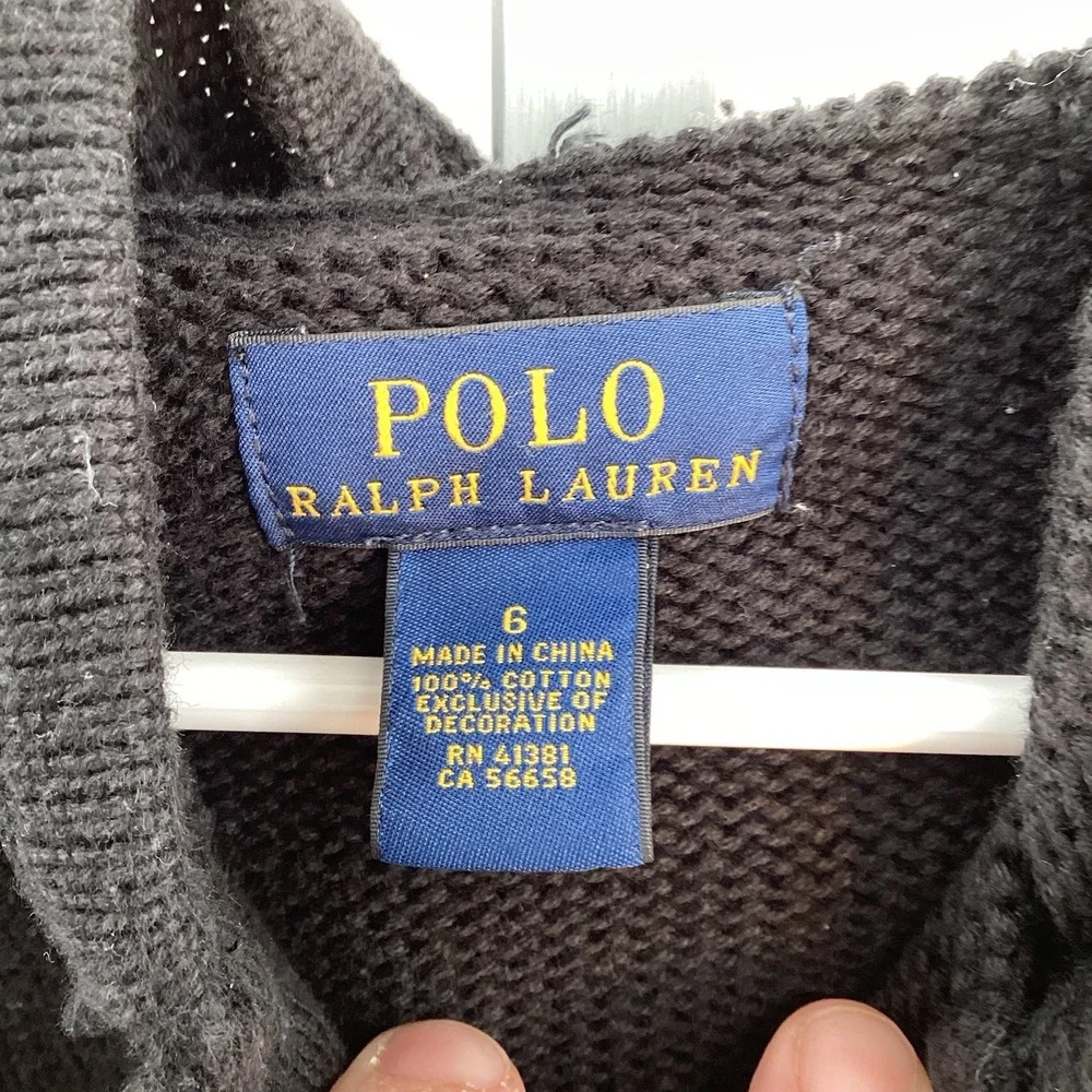 Boys Polo Ralph Lauren Full‎ Zip Big Pony Hoodie Sweater - Black- Size 6